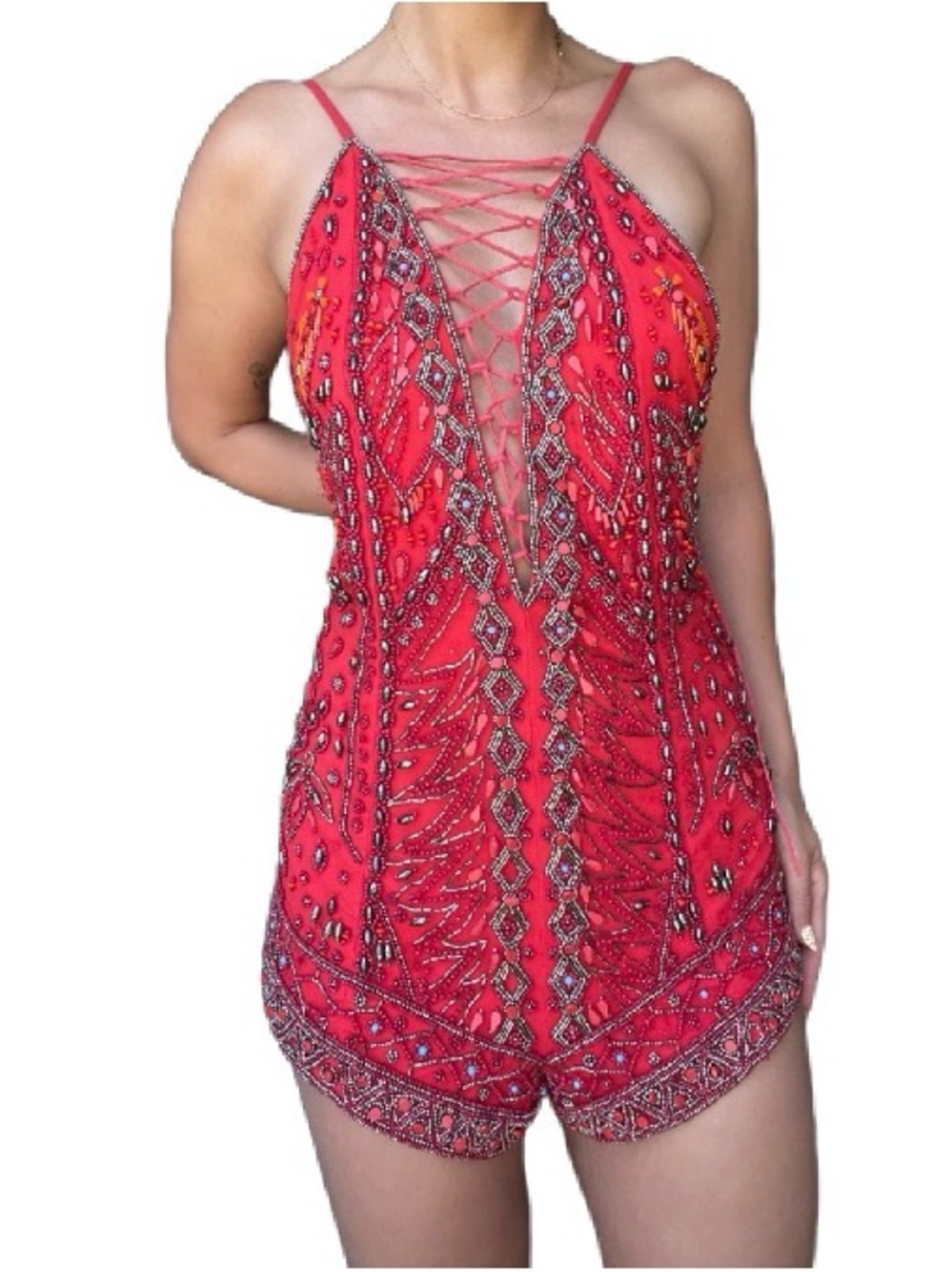 NBD Hand Beaded Red Romper Open Back Festival Glam